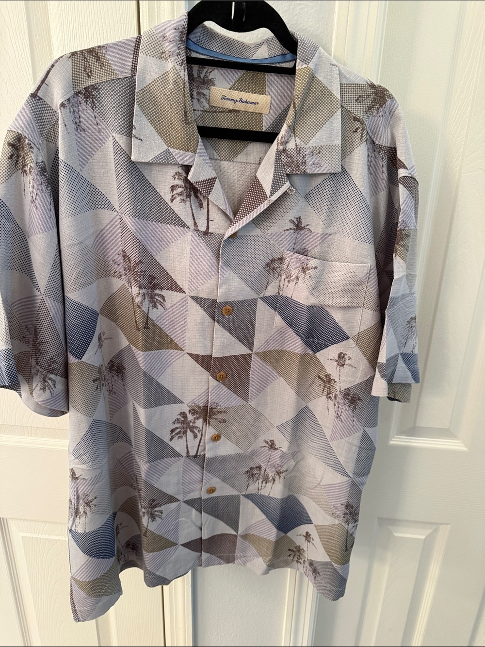 Tommy Bahama Short-Sleeve Geometric Palm Camp Shirt - Light Blue, Tan, Navy